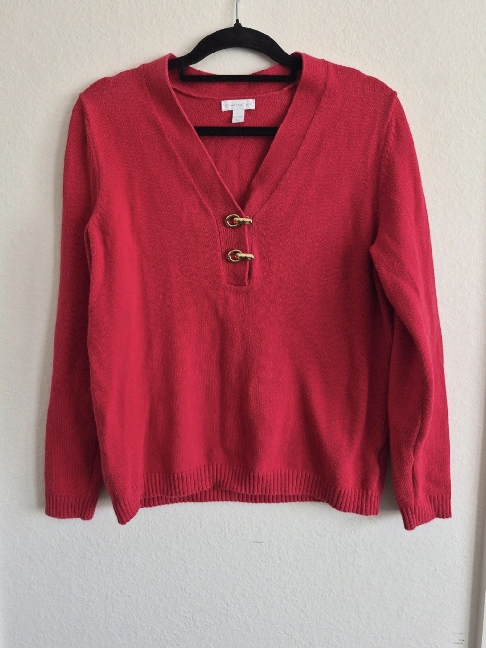 Charter Club Red V-Neck Sweater with Gold Accent Hardware